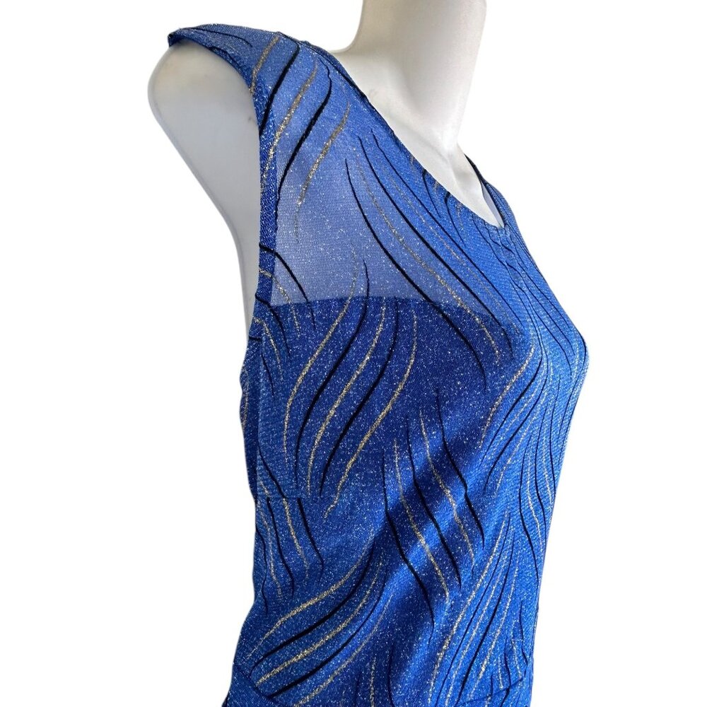 Elegant Blue Sleeveless Evening Gown With Shimmering Detail & Sheer Neckline - Picture 4 of 8
